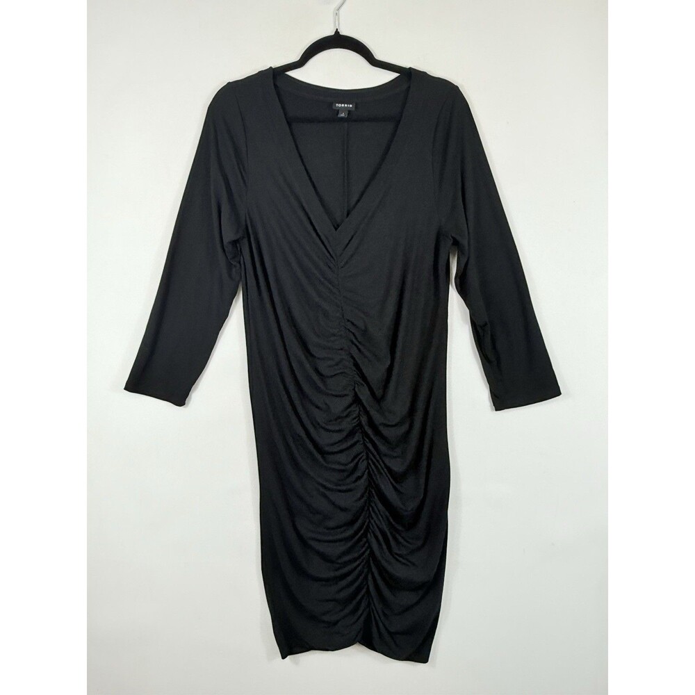 Torrid Ruched Bodycon Dress Womens 1 1X Black Jersey LBD Curvy Bodycon Chic‎